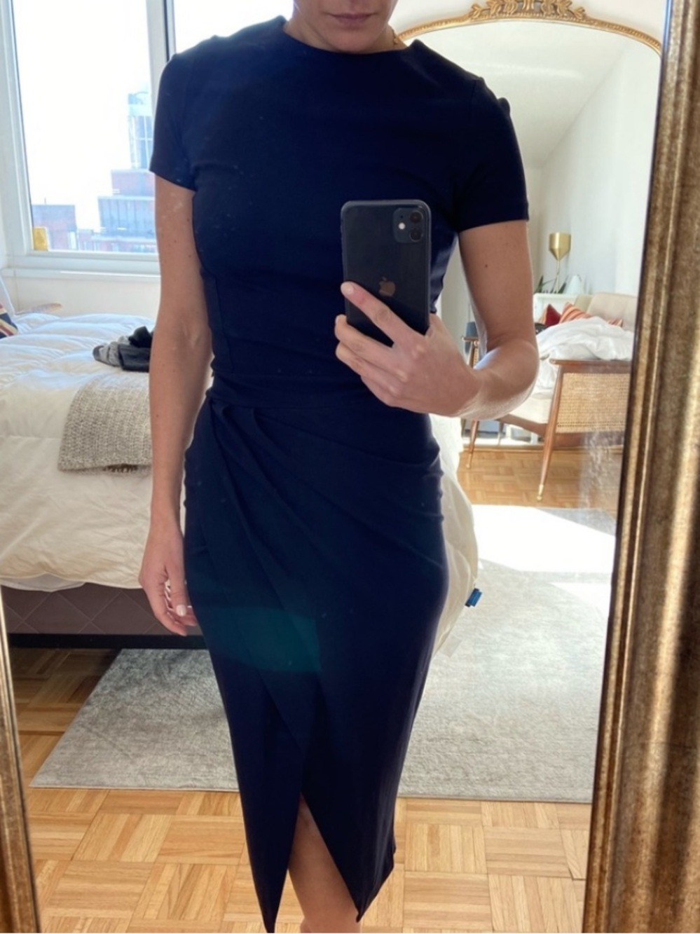 Iris & Ink navy blue fitted dress with faux wrap skirt detail